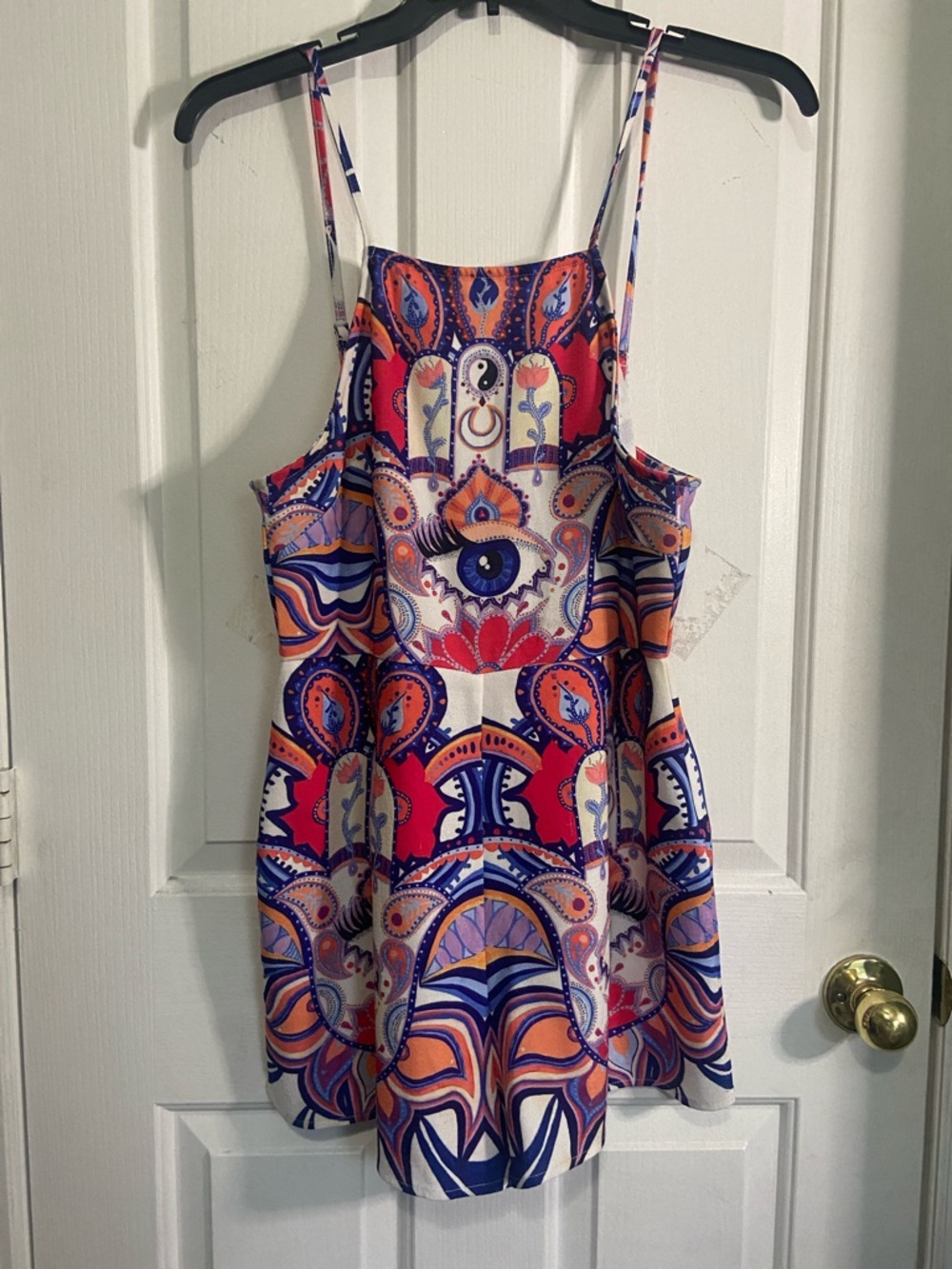 MINKPINK Spaghetti-Strap Mini Romper in Red, Blue & Orange